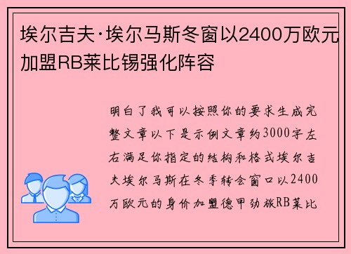 埃尔吉夫·埃尔马斯冬窗以2400万欧元加盟RB莱比锡强化阵容